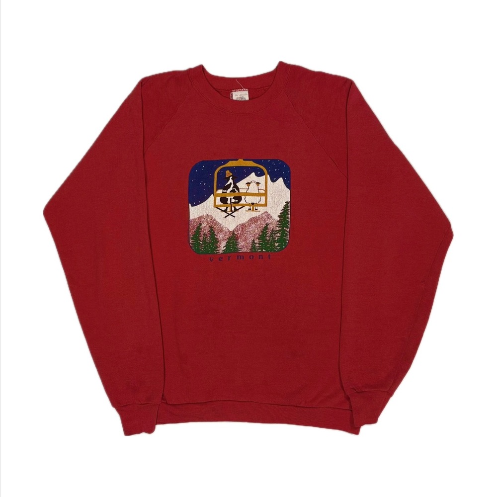 Vtg Fruit of the Loom USA Made red Vermont cow on ski lift sweatshirt women's XL